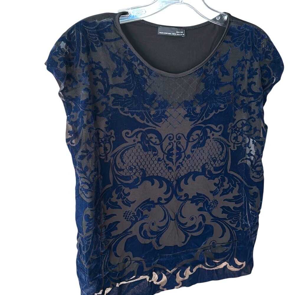 Zara Navy Blue Paisley Print Crop Top Womens Size S Velvet Lined